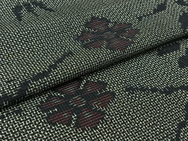 平和屋着物▽上質な紬 単衣 草花文 黒地 正絹 逸品 AABC3192jh