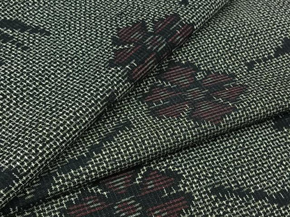 平和屋着物▽上質な紬 単衣 草花文 黒地 正絹 逸品 AABC3192jh