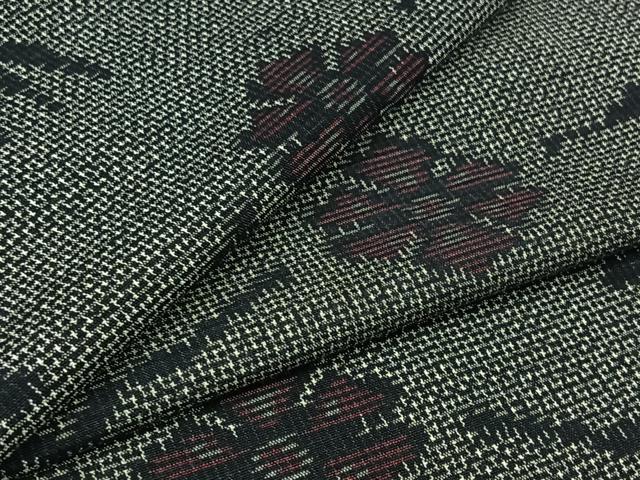 平和屋着物▽上質な紬 単衣 草花文 黒地 正絹 逸品 AABC3192jh