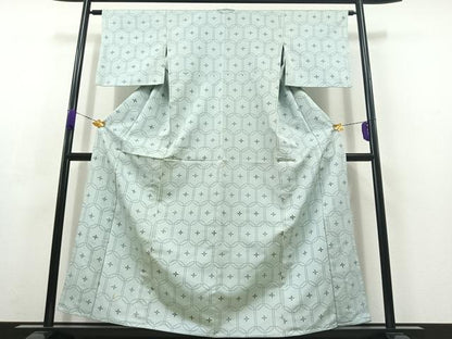 平和屋着物▽お召 単衣 亀甲花文 正絹 逸品 AABC3194jh