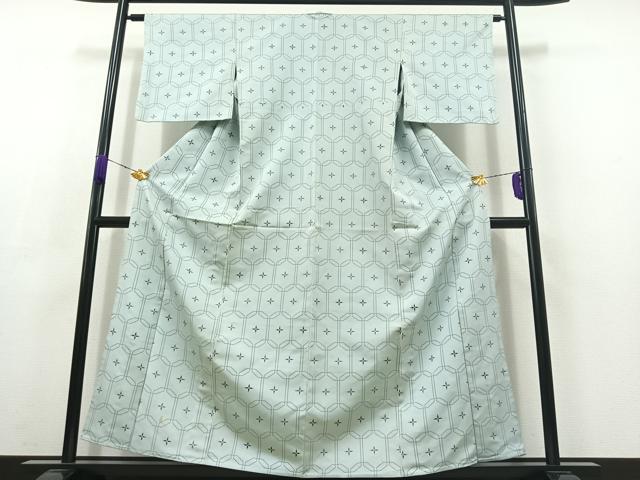 平和屋着物▽お召 単衣 亀甲花文 正絹 逸品 AABC3194jh