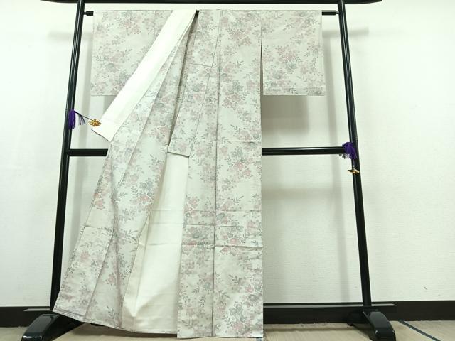 平和屋着物▽上質な紬 単衣 草花文 正絹 逸品 AABC3197jh