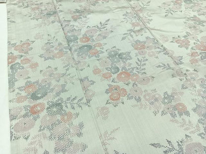 平和屋着物▽上質な紬 単衣 草花文 正絹 逸品 AABC3197jh