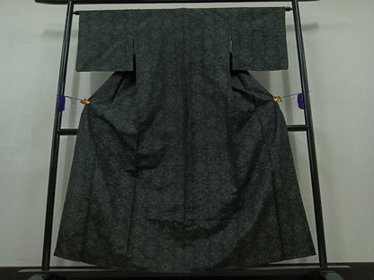 平和屋着物▽本場大島紬 単衣 草花文 黒地 正絹 逸品 AABC3198jh