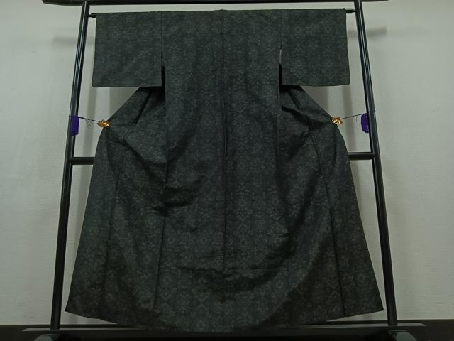 平和屋着物▽本場大島紬 単衣 草花文 黒地 正絹 逸品 AABC3198jh