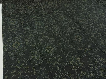 平和屋着物▽本場大島紬 単衣 草花文 黒地 正絹 逸品 AABC3198jh