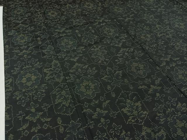 平和屋着物▽本場大島紬 単衣 草花文 黒地 正絹 逸品 AABC3198jh