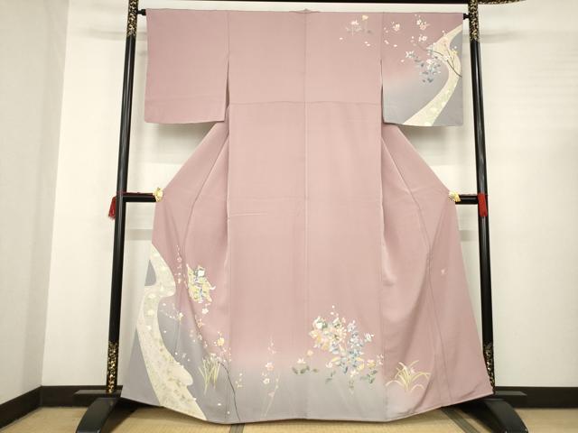 平和屋着物●友禅作家 岡部修治 訪問着 童子 流水花文 暈し染め 正絹 逸品 AABC3209ck