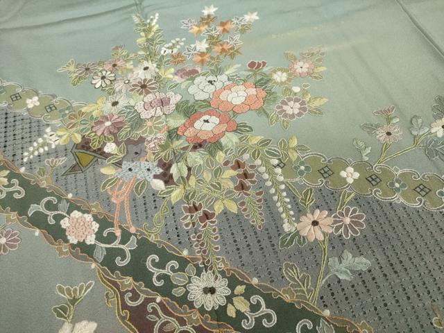 平和屋着物●総刺繍 訪問着 中国三大刺繍 スワトウ刺繍 汕頭刺繍 草花文 金彩 正絹 逸品 AABC3215ck