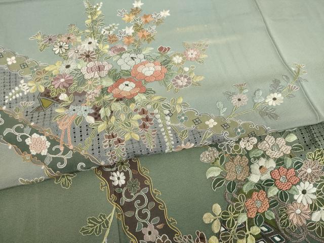 平和屋着物●総刺繍 訪問着 中国三大刺繍 スワトウ刺繍 汕頭刺繍 草花文 金彩 正絹 逸品 AABC3215ck