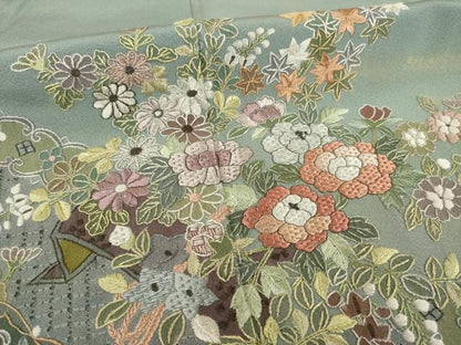 平和屋着物●総刺繍 訪問着 中国三大刺繍 スワトウ刺繍 汕頭刺繍 草花文 金彩 正絹 逸品 AABC3215ck