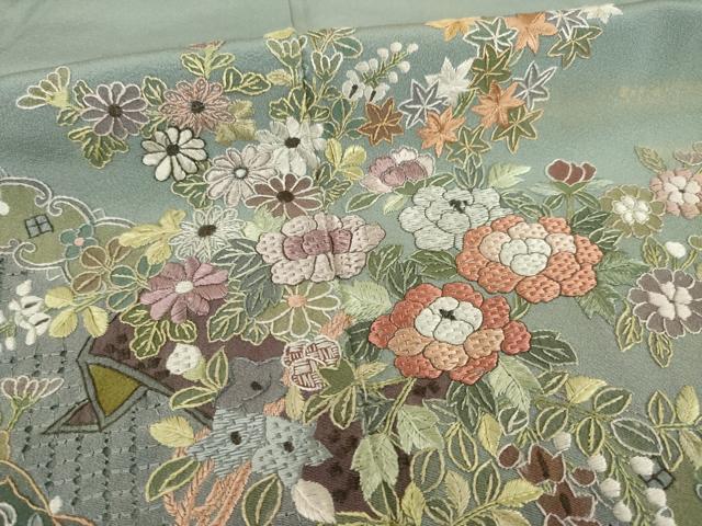 平和屋着物●総刺繍 訪問着 中国三大刺繍 スワトウ刺繍 汕頭刺繍 草花文 金彩 正絹 逸品 AABC3215ck
