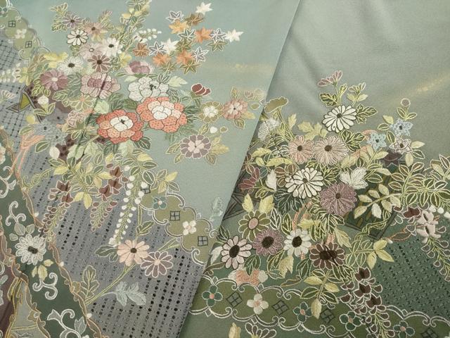 平和屋着物●総刺繍 訪問着 中国三大刺繍 スワトウ刺繍 汕頭刺繍 草花文 金彩 正絹 逸品 AABC3215ck