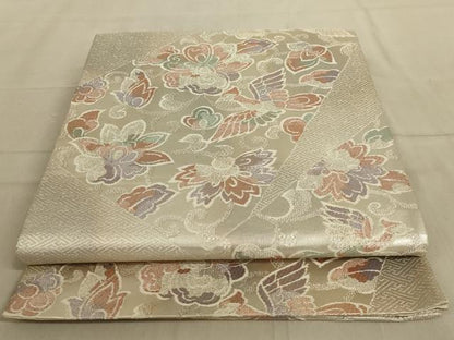 平和屋着物◎六通柄袋帯　更紗花文　銀糸　正絹　逸品　AABC3281ou