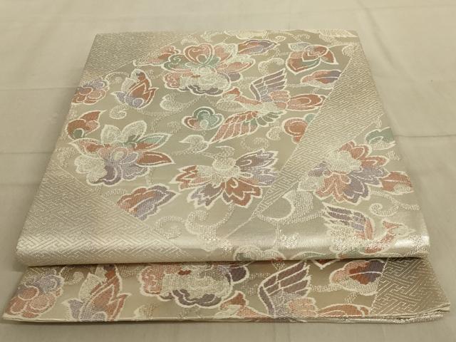 平和屋着物◎六通柄袋帯　更紗花文　銀糸　正絹　逸品　AABC3281ou