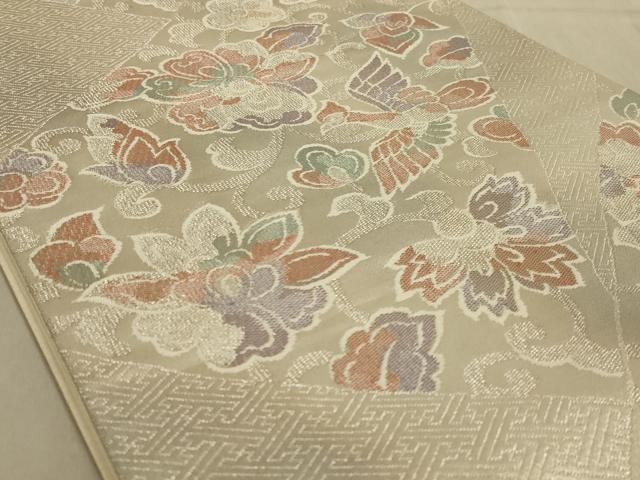 平和屋着物◎六通柄袋帯　更紗花文　銀糸　正絹　逸品　AABC3281ou
