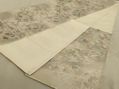 平和屋着物◎六通柄袋帯　更紗花文　銀糸　正絹　逸品　AABC3281ou