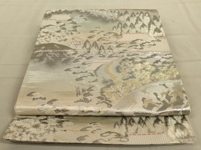 平和屋着物◎六通柄袋帯　風景文　銀糸　正絹　逸品　AABC3283ou