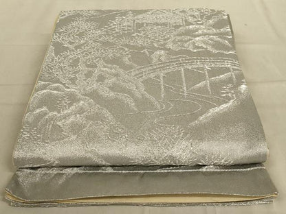 平和屋着物◎六通柄袋帯　風景文　銀糸　正絹　逸品　AABC3286ou