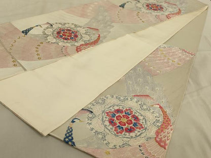 平和屋着物◎六通柄袋帯　唐織　孔雀花文　金銀糸　正絹　逸品　AABC3287ou