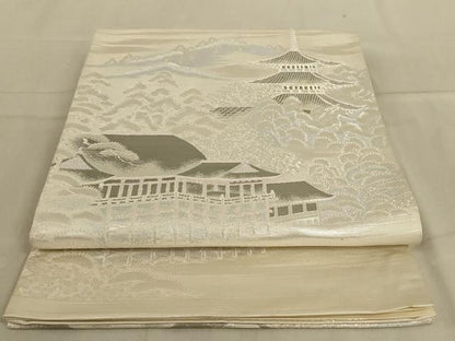 平和屋着物◎六通柄袋帯　風景文　銀糸　正絹　逸品　AABC3291ou