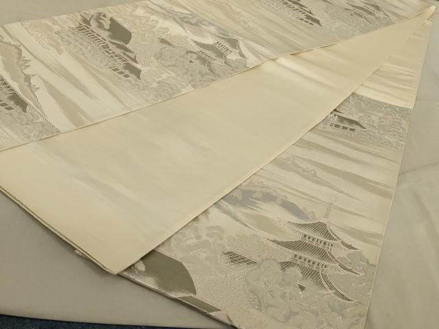 平和屋着物◎六通柄袋帯　風景文　銀糸　正絹　逸品　AABC3291ou