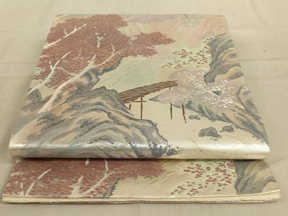 平和屋着物◎六通柄袋帯　風景文　銀糸　正絹　逸品　AABC3295ou
