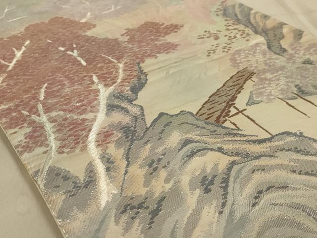 平和屋着物◎六通柄袋帯　風景文　銀糸　正絹　逸品　AABC3295ou