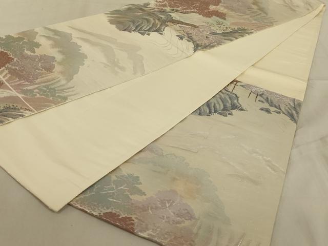 平和屋着物◎六通柄袋帯　風景文　銀糸　正絹　逸品　AABC3295ou