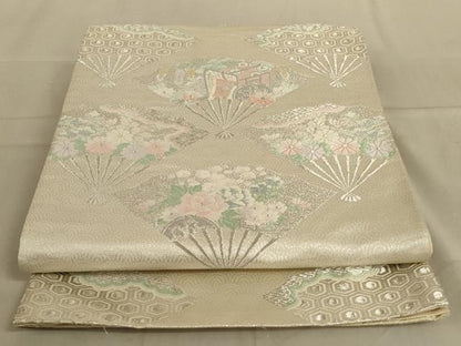 平和屋着物◎六通柄袋帯　唐織　扇面花文　銀糸　正絹　逸品　AABC3299ou