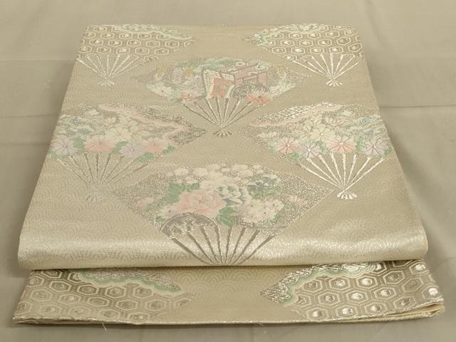 平和屋着物◎六通柄袋帯　唐織　扇面花文　銀糸　正絹　逸品　AABC3299ou