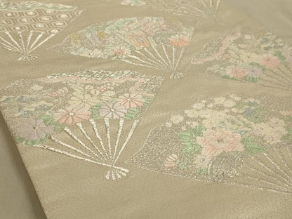 平和屋着物◎六通柄袋帯　唐織　扇面花文　銀糸　正絹　逸品　AABC3299ou