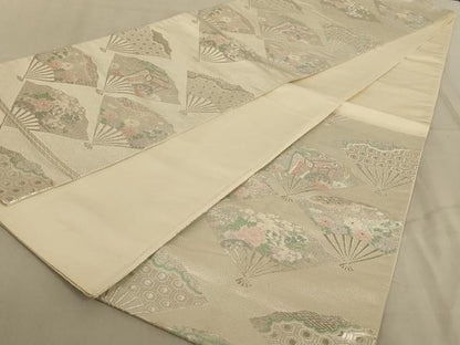 平和屋着物◎六通柄袋帯　唐織　扇面花文　銀糸　正絹　逸品　AABC3299ou