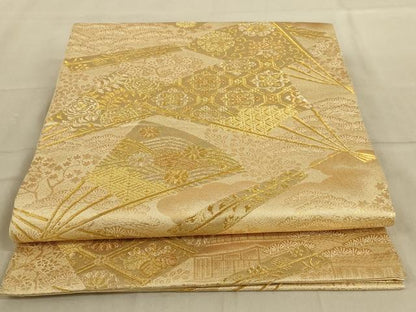 平和屋着物◎六通柄袋帯　慶長小袖檜扇文様　金糸　正絹　逸品　AABC3304ou