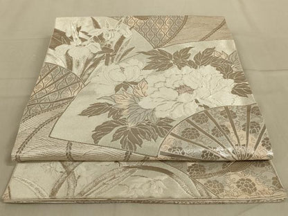 平和屋着物◎六通柄袋帯　地紙花文　銀糸　正絹　逸品　AABC3312ou