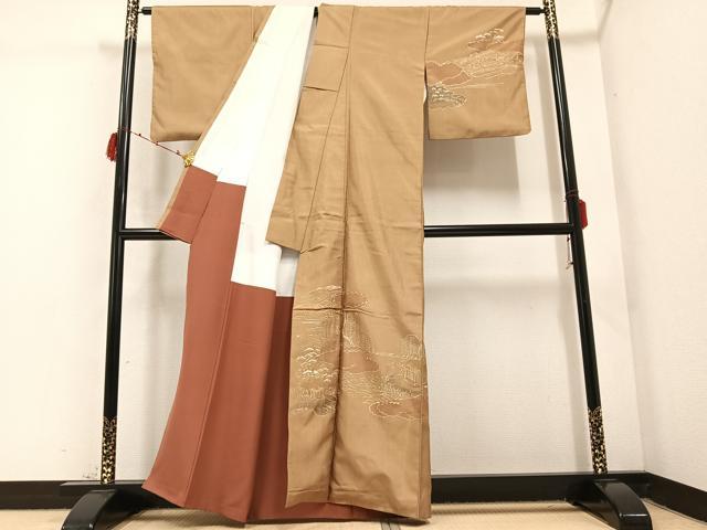 平和屋着物●訪問着　お召地　手描き　ろうけつ染め　風景浜松文　金彩　正絹　逸品　AABC3324ph