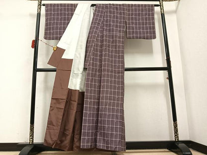 平和屋着物●上質な紬　格子　正絹　逸品　AABC3332ph