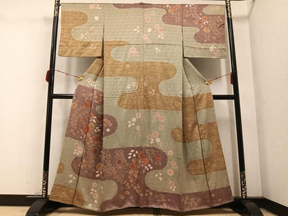 平和屋着物●訪問着　絞り　霞花文　金彩　正絹　逸品　AABC3337ph