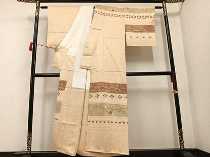 平和屋着物●訪問着 絞り 刺繍 枝花文 金彩 正絹 逸品 未使用 AABC3345ph