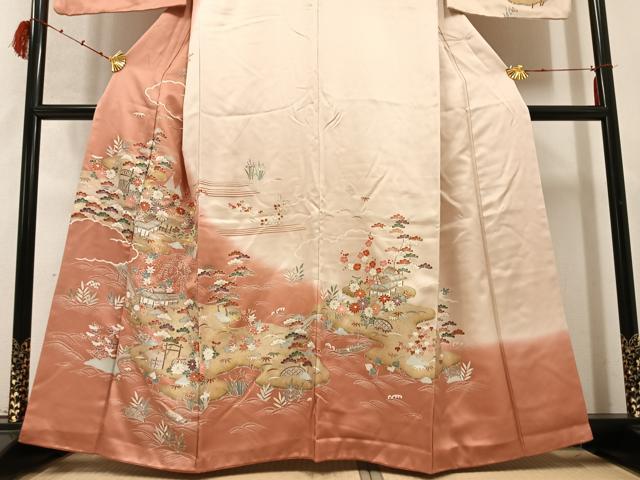 平和屋着物●訪問着　友禅　駒刺繍　松竹梅風景文　暈し染め　金彩　正絹　逸品　AABC3346ph