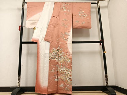 平和屋着物●訪問着　友禅　駒刺繍　松竹梅風景文　暈し染め　金彩　正絹　逸品　AABC3346ph