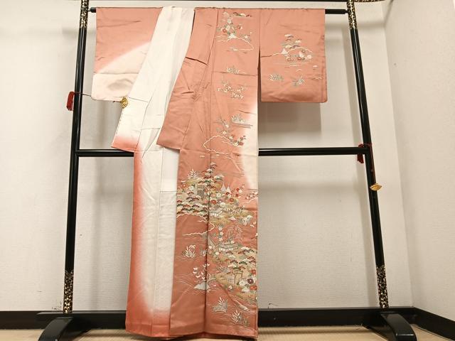 平和屋着物●訪問着　友禅　駒刺繍　松竹梅風景文　暈し染め　金彩　正絹　逸品　AABC3346ph