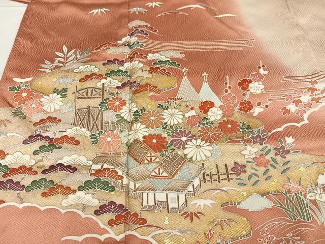 平和屋着物●訪問着　友禅　駒刺繍　松竹梅風景文　暈し染め　金彩　正絹　逸品　AABC3346ph