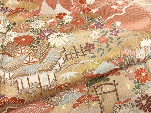 平和屋着物●訪問着　友禅　駒刺繍　松竹梅風景文　暈し染め　金彩　正絹　逸品　AABC3346ph