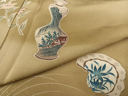 平和屋着物●訪問着　友禅　手描き　陶器花文　暈し染め　正絹　逸品　AABC3361ph