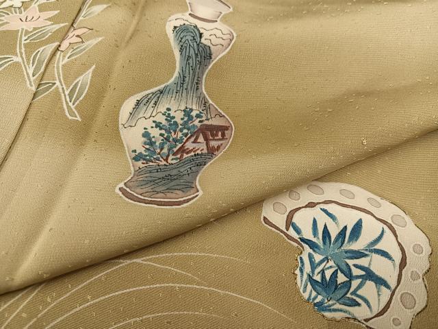 平和屋着物●訪問着　友禅　手描き　陶器花文　暈し染め　正絹　逸品　AABC3361ph