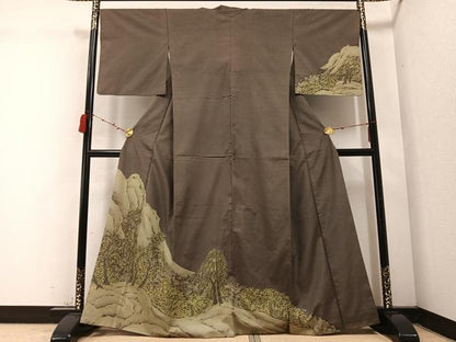 平和屋着物●訪問着　紬地　手描き　樹林文　正絹　逸品　AABC3391ph