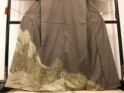 平和屋着物●訪問着　紬地　手描き　樹林文　正絹　逸品　AABC3391ph