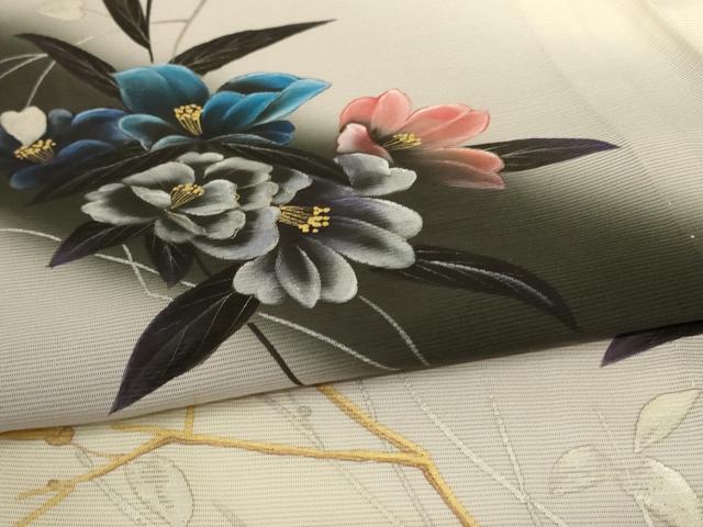 平和屋着物＊夏物 訪問着 絽 手描き 枝花文 暈し染め 金銀彩 正絹 逸品 AABC3448jd