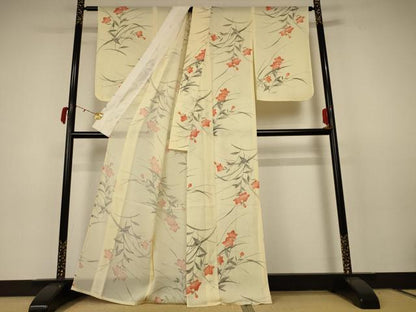 平和屋着物＊夏物 小紋 絽 手描き 草花文 正絹 逸品 AABC3451jd